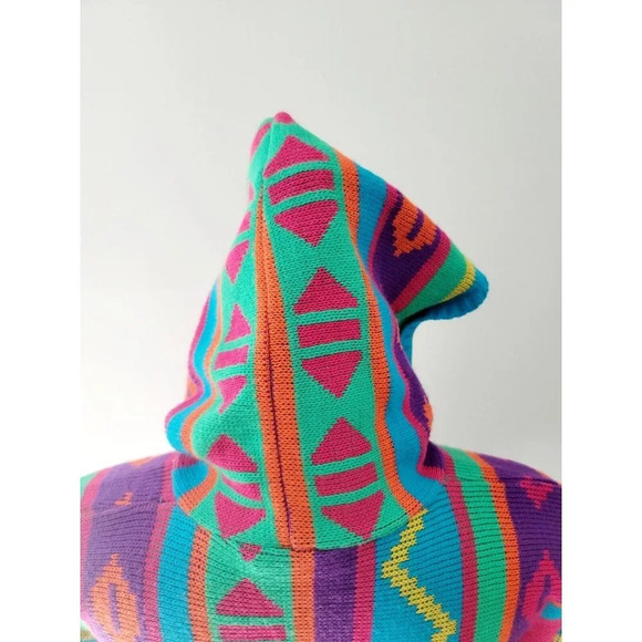 JJ Poole Vintage 80s 90s Aztec Southwestern Hooded Frayed Pullover Sweater XS S - Picture 9 of 12
